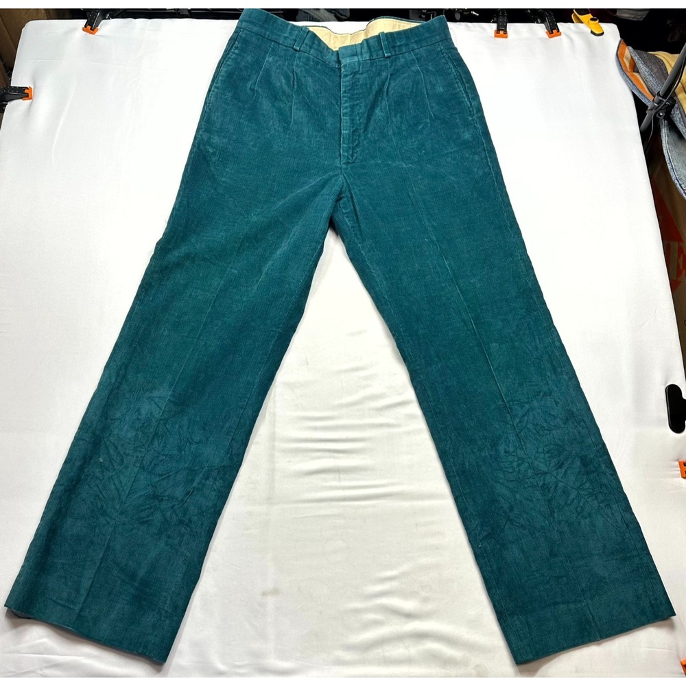 Vintage Farah Pants Mens Size 32x29 Teal Green Cotton Blend Corduroy Pleated